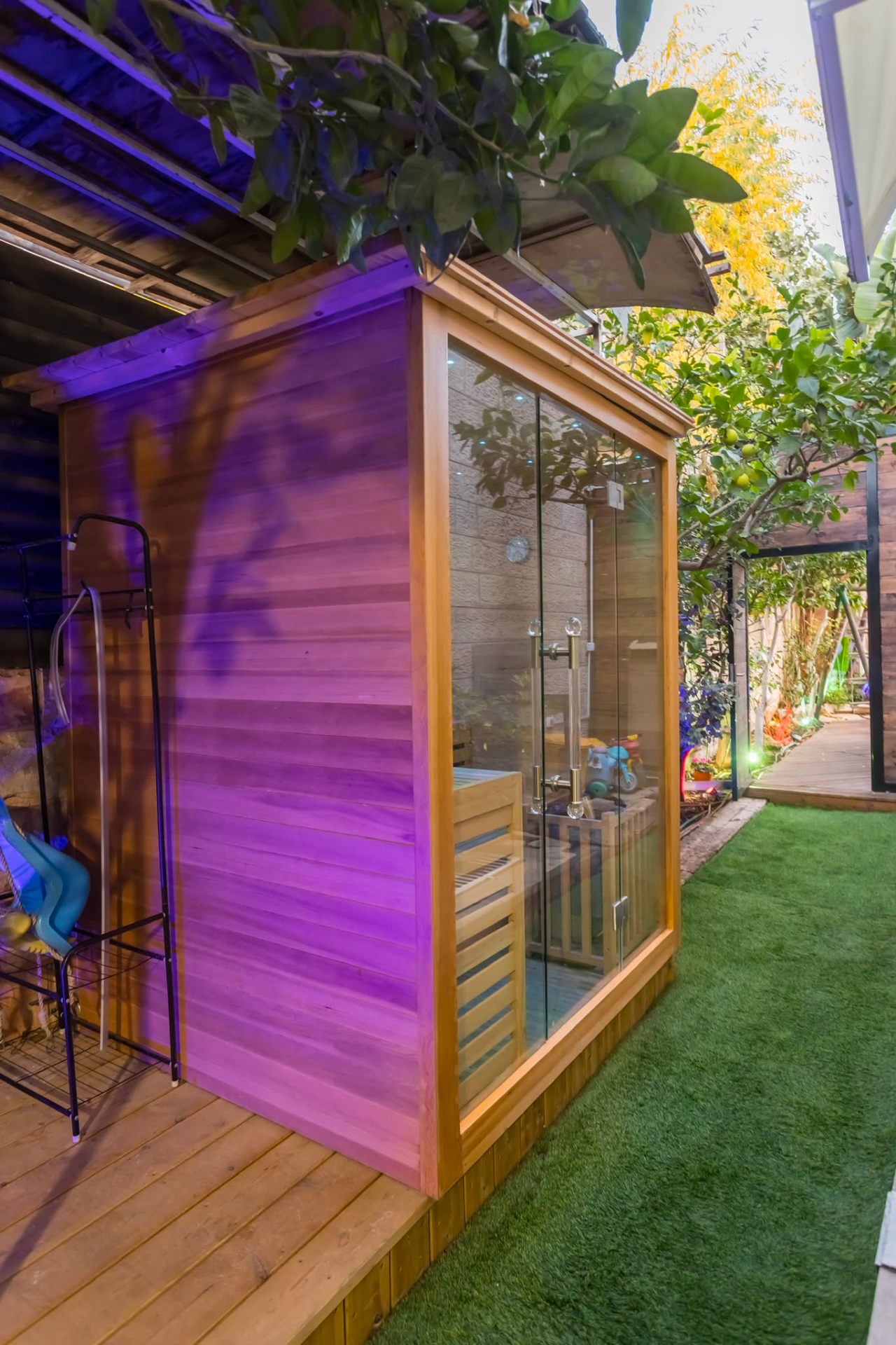 Wooden outdoor sauna cabin